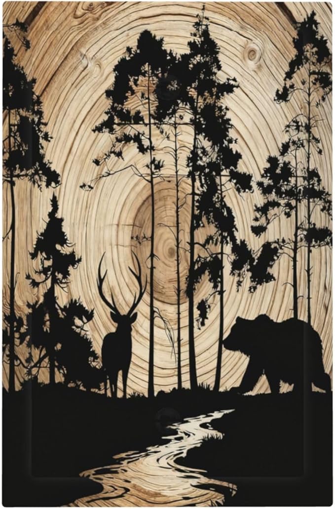 Rustic Forest Antler Black Bear Deer Silhouettes Light Switch Cover Plate 1 Gang No Device Blank Electrical Wall Plates Faceplate Decorative Switch Plate Covers for Farmhouse Home Decor