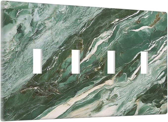 Decorative Switch Plate Cover with Modern Luxury Green Marble Texture Design 4 Gang Artistic Wall Plate Unique Quad Toggle Light Switch Covers for Kitchen Bathroom Decor