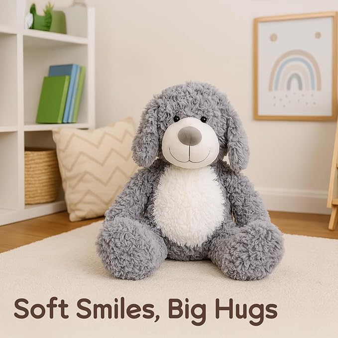 WEIGEDU Smiling Gray Puppy Dog Stuffed Animal Plush Toys– Soft Shaggy Plush with Floppy Ears & White Belly, Cuddly Toy for Kids Boys Girls Birthday Nursery Bedtime Easter Gifts, 17.7 inches