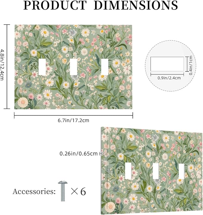 Decorative Switch Plate Cover with Vintage Wildflowers & Daisies on Light Green Background Design 3 Gang Artistic Wall Plate Unique Triple Toggle Light Switch Covers
