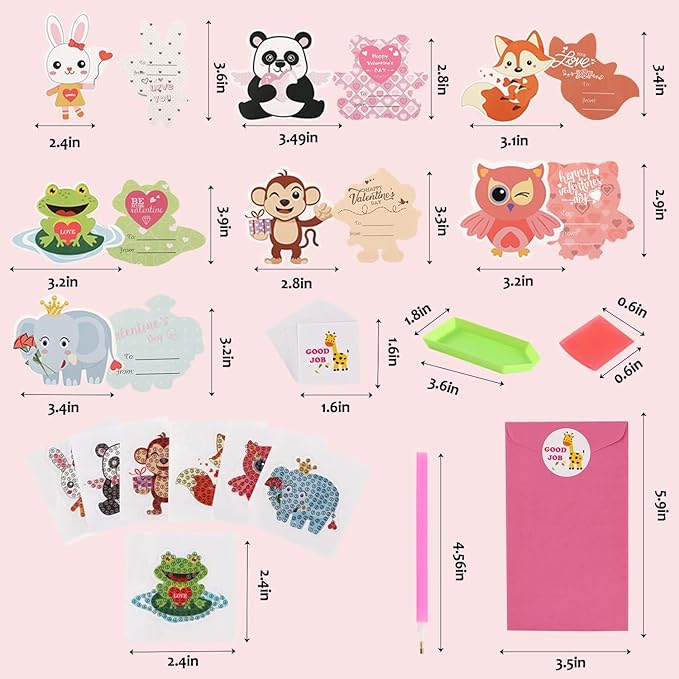 Valentine's Day Cards for Kids - 28pcs Diamond Animal Craft Kits With 7 Different Gem Stickers for School Classroom Exchange Gifts and Decorations