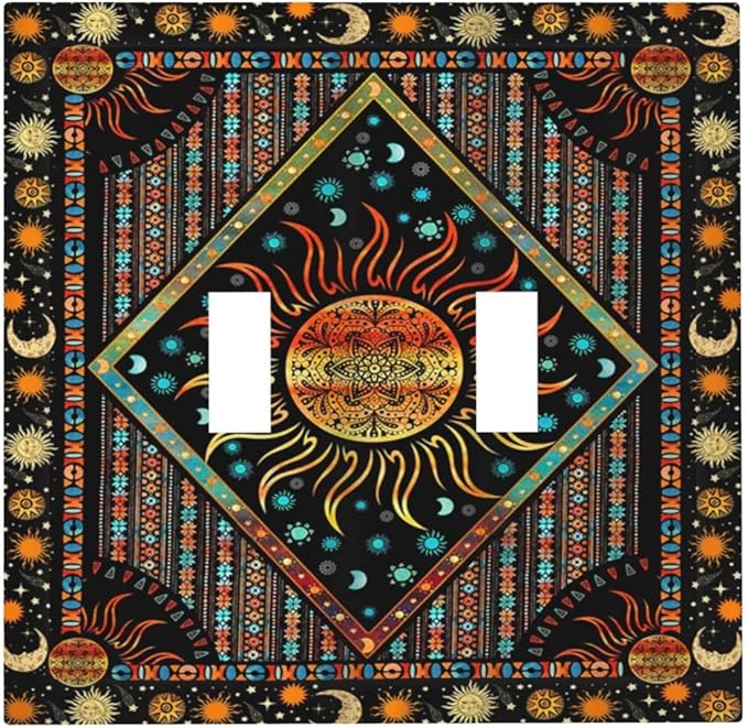 Light Switch Cover Boho Burning Sun Hippie Retro Bohemian Gypsy 2 Gang Wall Plate Double Light Switch Plate Toggle Decorative Outlet Covers Electrical Switchplate for Bathroom Home Decor