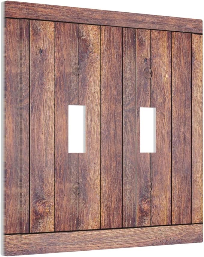 Decorative Switch Plate Cover with Wood Texture Rustic Vertical Planks Brown Design 2 Gang Wall Plate Unique Double Toggle Double Light Switch Covers Vintage Aesthetic Kitchen/Bedroom Decor