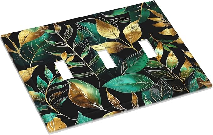 Decorative Switch Plates Vintage Dark Green Vine Leaf Golden Plants 3 Gang Wall Plate Triple Toggle Light Switch Cover Faceplate Electrical Wall Panels for Bed Room Cabin Decor