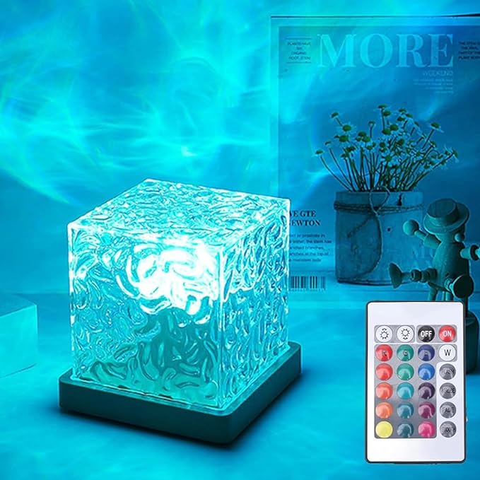 Ocean Wave Projector Light, 16-Color LED Cube Lamp with Remote, 3D Water Ripple Projection, Romantic Ambient Lighting for Kids Room, Relaxation, Bedroom, Bathroom & Night Light