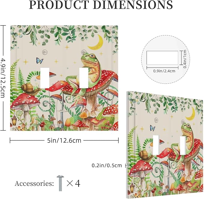 Decorative Switch Plates Boho Mushrooms Frogs Butterflies Flowers Moon Stars 2 Gang Double Toggle Wall Plate Outlet Light Switch Cover Electrical Faceplate for Kids room Bedroom Decor