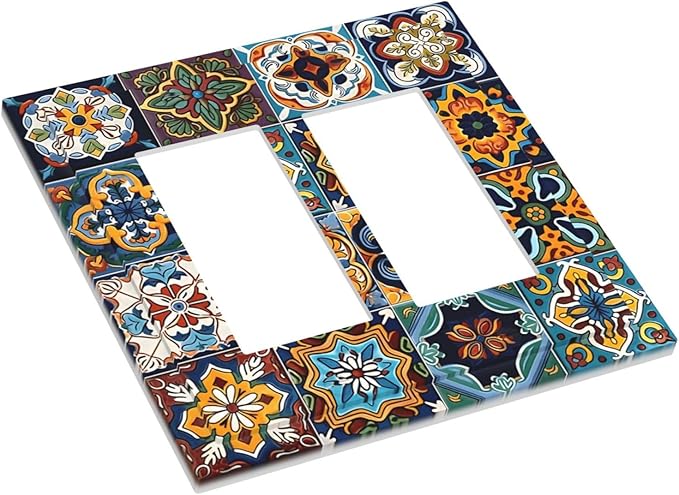 Mexican Talavera Tiles Floral Decorative Outlet Covers 2 Gang Double GFCI Rocker Electrical Wall Panels Light Switch Cover Plate for Bathroom Kitchen Decor