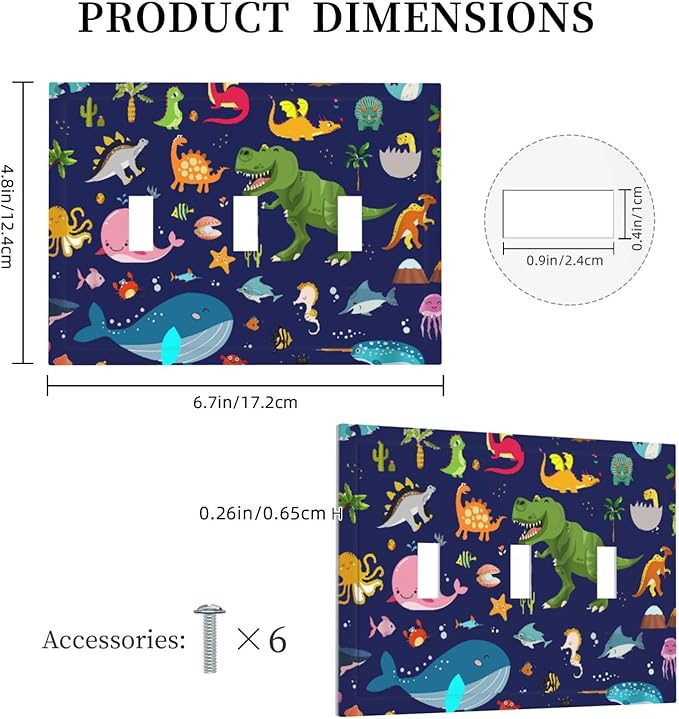 Cartoon Funny Cool Blue/Green Dinosaur 3 Gang Toggle Light Switch Cover, Ocean Dolphin Whale Fish Boy Kid Decorative Three Device Triple Toggle Switch Face Wall Plate Electrical Decorator Outlet Cover