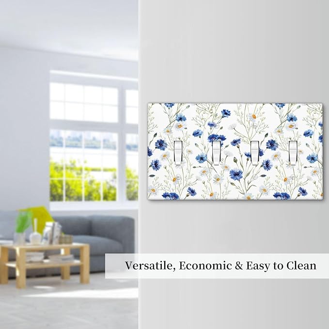 Light Switch Cover Plate Watercolor Daisy Blue Floral Vintage Plant 4 Gang Quad Toggle Decorative Switch Plates Wall Panels Electrical Wall Plates Faceplate for Bedroom Home Decor