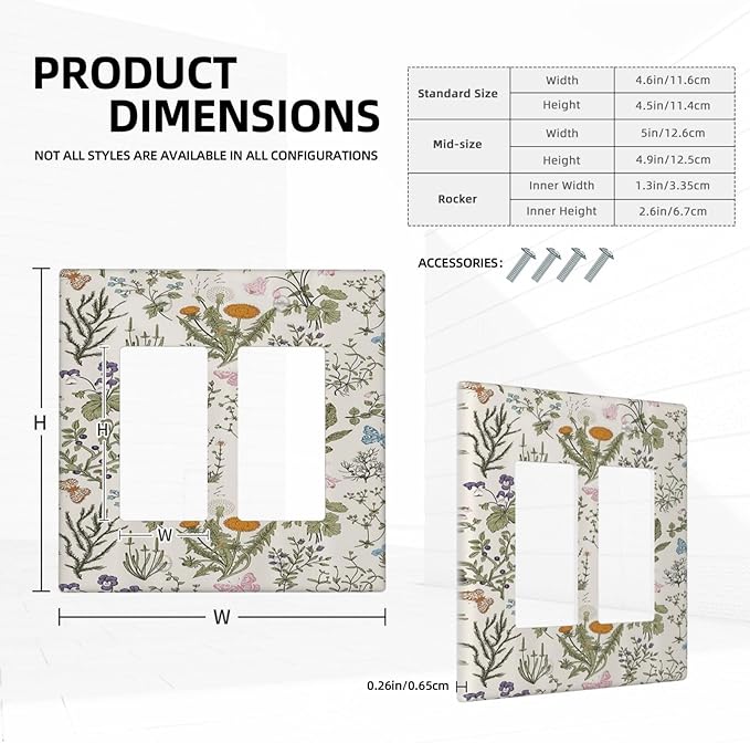 Outlet Covers Boho Floral Vintage Flowers Plants 1 Gang Duplex Light Switch Cover Plate Decorative Wall Plates Electrical Switchplate Receptacle for Bathroom Bedroom Decor（2 Pack）