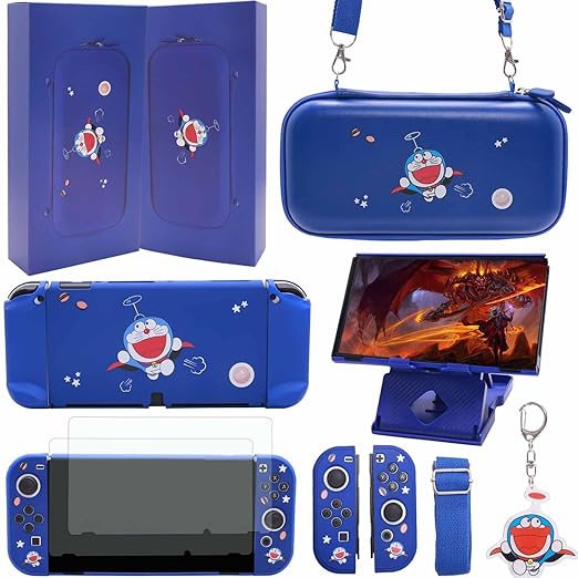 GUTIAL Accessories Bundle for Nintendo Switch OLED - Cute Kawaii NS OLED Accessories kit for Grils Boys Kids with Carrying Case, Cartoon Dockable Cover Case, Screen Protector, Stand - Blue