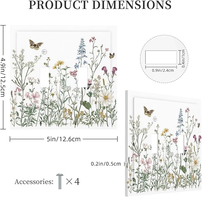 Decorative Switch Plates Rustic Wildflowers Butterfly Colorful Floral 2 Gang Double Toggle Outlet Light Switch Cover Wall Plate Electrical Faceplate For Bed Room Living Room Decor
