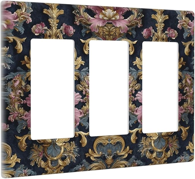 Decorative Outlet Covers Rococo Pink Floral Flower Gold Leaf 3 Gang Light Switch Cover Plate Triple Rocker Wall Plates for Electrical Outlets Switch Plate Covers for Bedroom Home Decor