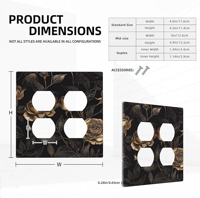Black Floral Dark Vintage Gold Rose Flower Outlet Covers 2 Gang Double Duplex Decorative Light Switch Covers Electrical Wallplates Socket Faceplate for Bedroom Living Room Decor