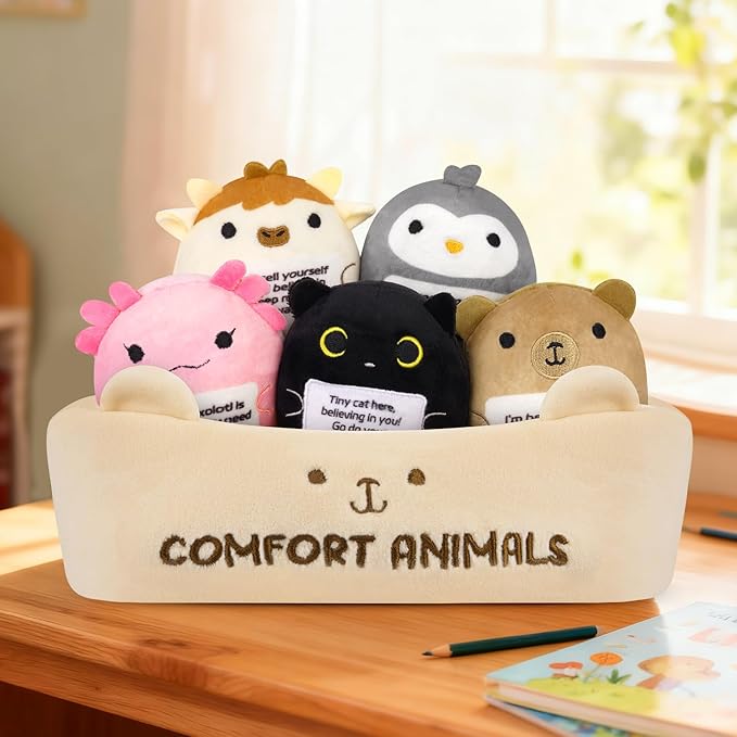 Emotional Support Plush Animal Set,6 Pcs Cute Animals Plush Toys and Fun Stuffed Animals with Positive Words,Soft Emotional Support Plushies with Basket,Positive Gifts for Kids,Men,Women