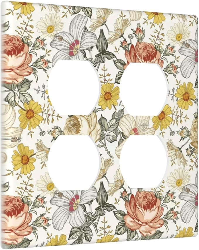 Multicolor Peony Daisy Vintage Floral Flower Outlet Covers 2 Gang Double Duplex Decorative Light Switch Covers Electrical Wallplates Socket Faceplate for Bedroom Living Room Decor