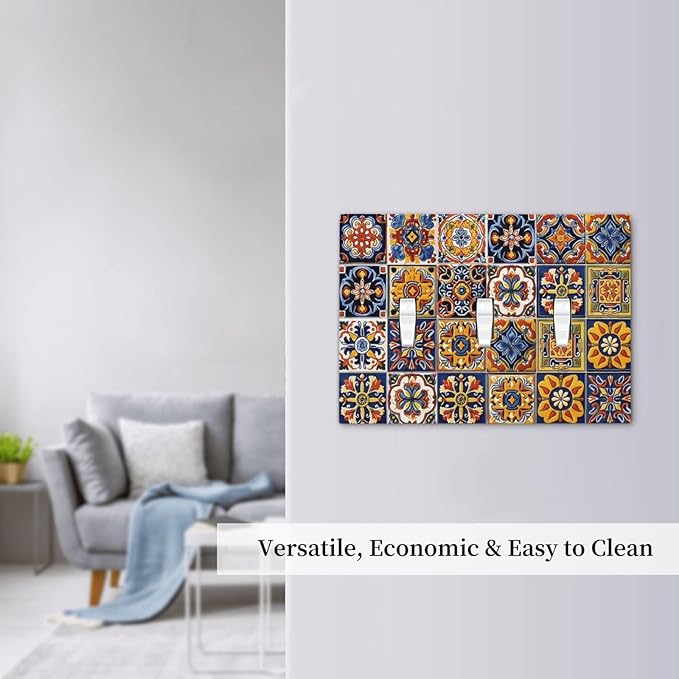 Mexican Talavera Tiles Flower Vintage Decorative Switch Plates 3 Gang Wall Plate Triple Toggle Light Switch Cover Faceplate Electrical Wall Panels for Kitchen Bathroom Decor