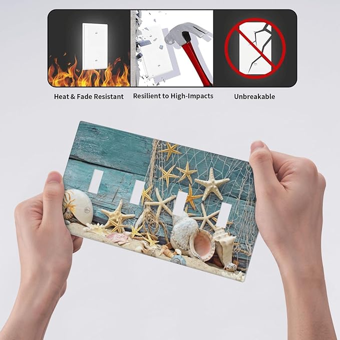 Nautical Beach Starfish Teal Wood 4 Gang Device Light Switch Cover Decorative Quad Toggle Wall Plate Decorative Electrical Faceplate for Home Bedroom Art Decorate