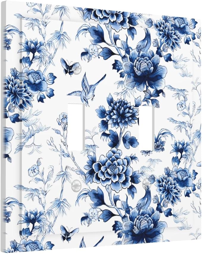 Blue Flower White Floral Plant Bird Butterfly Decorative Switch Plates 2 Gang Double Toggle Outlet Light Switch Cover Wall Plate Electrical Faceplate for Bedroom Living Room Decor