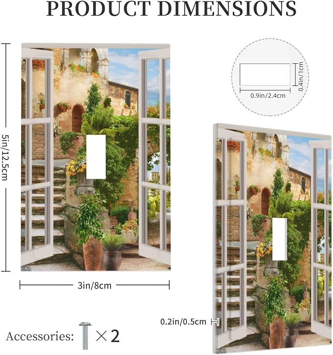 Mediterranean Greece Scene Flowers Single Toggle Wall Plate Covers 1 Gang Light Switch Cover Italian Town from Another Window Faceplate Decorative Electrical for Bathroom Kitchen Home Decor