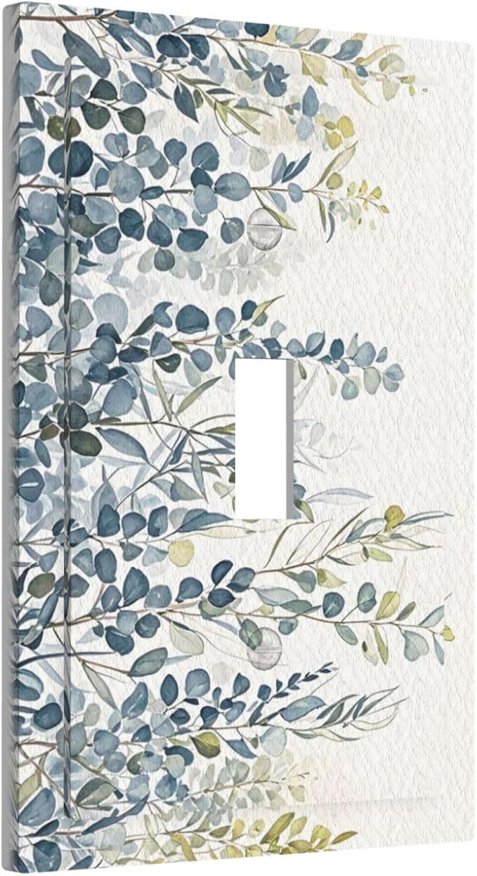 Decorative Switch Cover Plate with Green & Blue Watercolor Eucalyptus Botanical Foliage Design Single Gang Toggle Switch Plate Light Switch Covers Artistic Faceplate for Living Room Decor