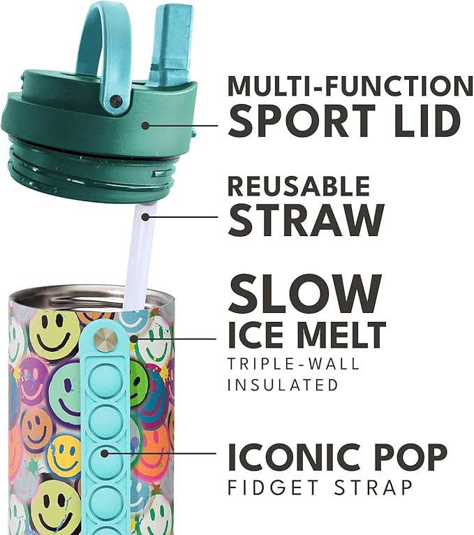 Elemental Iconic Kids Water Bottle for School - 100% Leak-Proof Insulated Water Bottles with Straw Lid & Pop-It Handle for Boys & Girls - Triple-Wall Insulated & BPA-Free, 20oz – Graffiti Smile