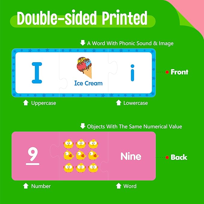 Alphabet & Number Puzzles, 26 Self-Correcting Matching Puzzle Set, 3-Piece Double-Sided Puzzle Cards, Educational Game for Kindergarten Readiness, Preschool Learning Activities, Homeschool Supplies