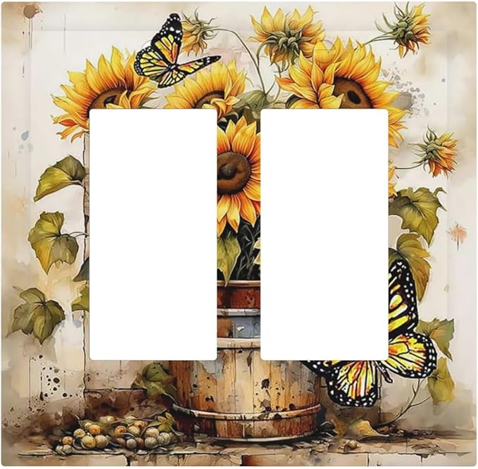 Decorative Outlet Covers Rustic Vintage Sunflower Bouquet Butterfly 2 Gang Double GFCI Rocker Electrical Wall Panels Light Switch Cover Plate for Farmhouse Cabin Decor