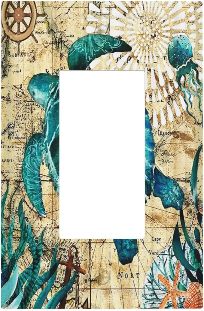Sea Blue Turtle Beach Nautical Ocean Themed Teal World Map Tortoise Coastal 1 Gang Electrical Decora/GFCI Device Wallplate Single Decorator Rocker Outlet Light Switch Cover Electrical Faceplate Dimmer