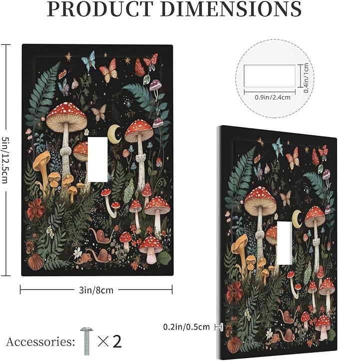 Cartoon Floral Mushroom forest Butterfly Flowers Decorative Light Switch Cover 1 Gang Single Toggle Device Electrical Faceplate Switchplates Decorator Outlet Wall Plate for Bedroom Kids Room Decor