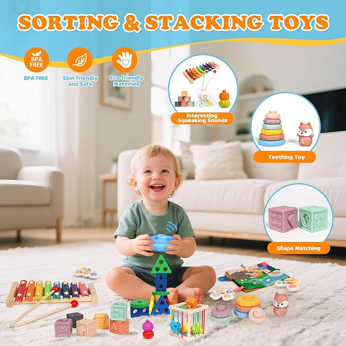 Montessori Toys for Toddlers 1-3, 7-in-1 Educational Activity Toy Set with Soft Cloth Book, Stacking Blocks & Learning Toys, Birthday Gifts for Boys Girls