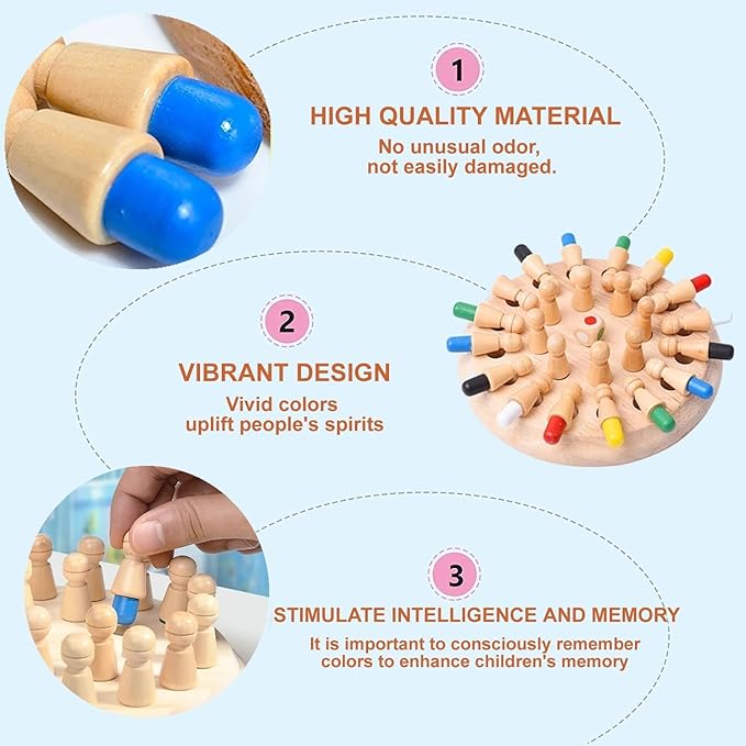 Wooden Memory Chess Board Game: Color Wooden Memory Chess Game for Brain Train for Kids Toddler Learning Educational Toys - Montessori Learning Toys for 3 4 5 6 7 8+ Year Old Boy Girl Gift