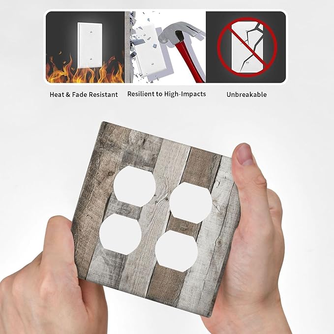 Natural Grey Wood Vintage Faux Wood Grain Outlet Covers 2 Gang Double Duplex Decorative Light Switch Covers Electrical Wallplates Socket Faceplate for Farmhouse Home Decor