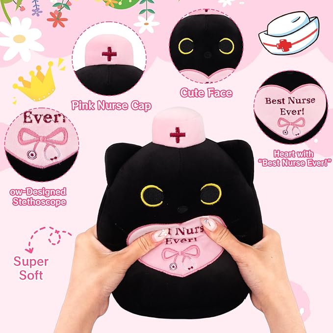 RN Black Cat Plush, 8" Cat Stuffed Animal with Pink Cap and Best Nurse Ever, Student Nursing Graduation Gifts Nurse Appreciation Gifts for Women, Appreciation Week Gift