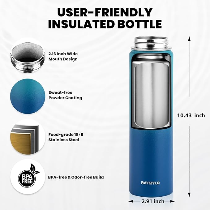 RAYMYLO Insulated Water Bottle 24oz, Triple Wall Vacuum Stainless Steel (Cold for 24Hrs, Hot for 12Hrs), Leak Proof & Non-BPA, 24oz Hydro Water Flask with Paracord Handle & Straw Spout Lids