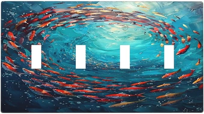 Ocean Fish School Of Fish Vortex Deep Sea Light Switch Covers Quad Toggle Electrical Faceplate 4 Gang Wall Plate Decorative Switch Plates Cover for Kids Room Bedroom Decor