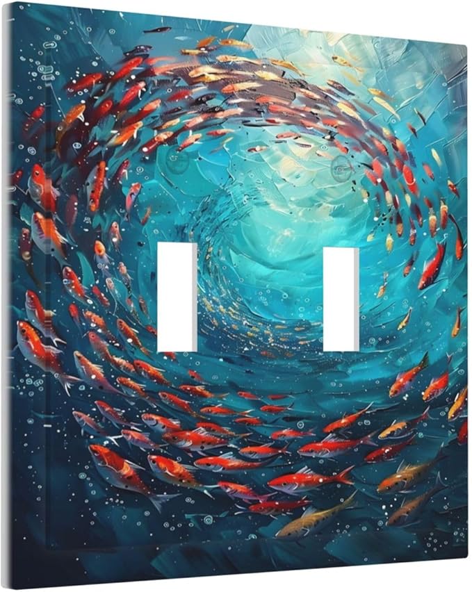 Ocean Fish School Of Fish Vortex Deep Sea Decorative Switch Plates 2 Gang Double Toggle Outlet Light Switch Cover Wall Plate Electrical Faceplate for Kids Room Bedroom Decor
