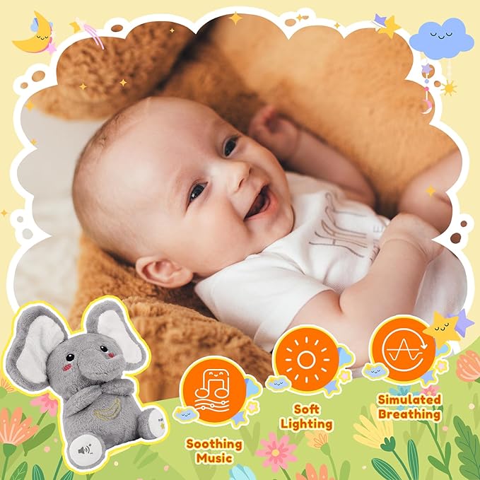 BRICHOEE Breathing Stuffed Animal, Soothing Elephant Stuffed Animal with Moving Ears, Breathing Motion, Calming Sound and Light for Baby Sleep Companion Portable Plush Gifts for Kids Adults Newborns