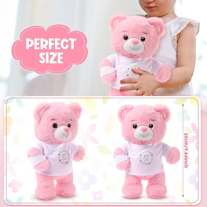 Deekin Get Well Soon Gifts for Kids Injured Recovery Bear Stuffed Animal Gifts Bear for Kids Adult with Broken Arm After Surgery Soft Bandage Plush 10 Inches(Pink,Arm Injury)