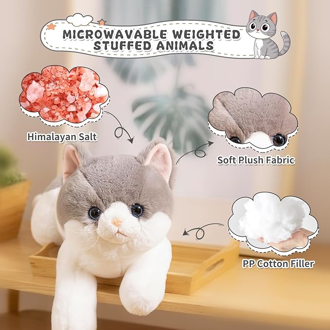 SNOWOLF Microwavable Weighted Stuffed Animals Cat, Heating Pad Plushies Grey Cat, Heated Plush Toy with Himalayan Salt for Warmth & Comfort, Cute Soft Kitten Doll Gift for Boys, Girls, Women, 1.5 LBs