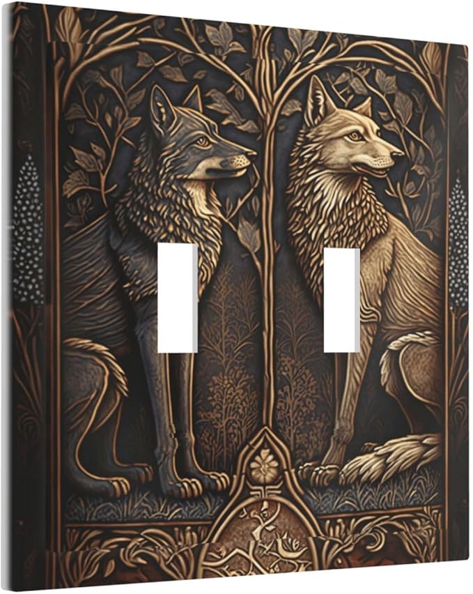 Medieval Wolves Animal Vintage Print Decorative Switch Plates 2 Gang Double Toggle Outlet Light Switch Cover Wall Plate Electrical Faceplate for Farmhouse Home Decor
