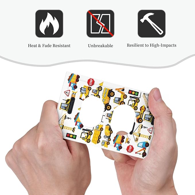 Cool Kids Boys Play Room Construction Trucks Cartoon Cars Vehicles Transport 1 Gang Duplex Wall Plate Electrical Receptacle Outlet Cover Decorative Dual Device Mid Size Light Switch Plug Face Plate