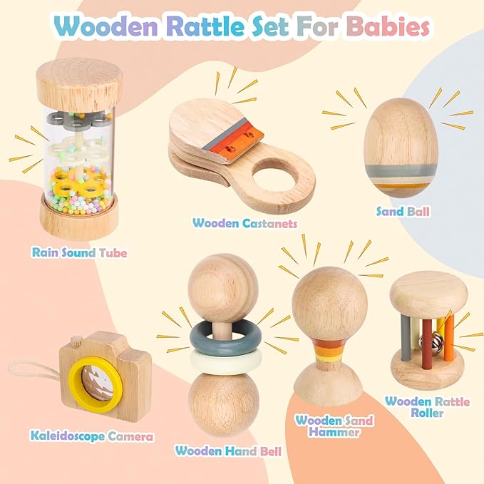 Montessori Wooden Baby Toys 7-in-1 Sensory Set for Babies 0–12 Months, Rain Sound Tube & Rattle Roller, Sensory Musical Gift for Baby Boys and Girls with Storage Bag