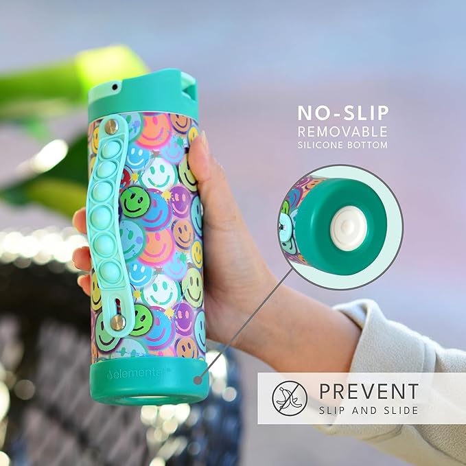 Elemental Iconic Kids Water Bottle for School - 100% Leak-Proof Insulated Water Bottles with Straw Lid & Pop-It Handle for Boys & Girls - Triple-Wall Insulated & BPA-Free, 14oz – Graffiti Smile