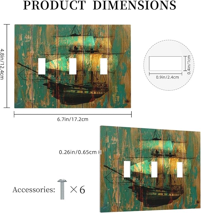 Decorative Switch Plates Rustic Green Wood Grain Sailboat 3 Gang Wall Plate Faceplate Triple Toggle Light Switch Cover Electrical Wall Panels for Farmhouse Bedroom Decor