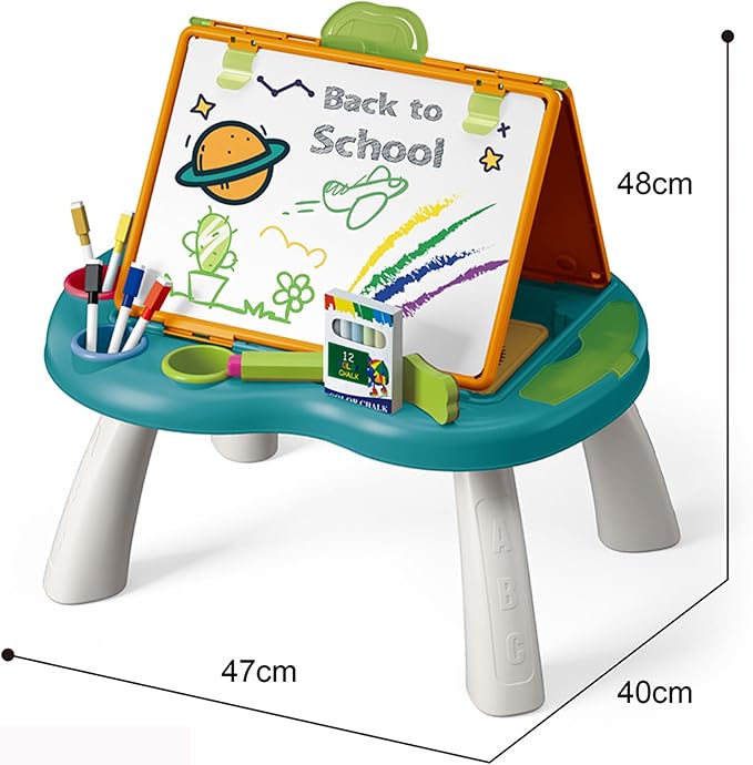 Kids Drawing Board Art Easel Toy Double Sided Chalkboard & Whiteboard Tabletop with Ludo Snakes Ladders Board Games, Dry Erase Markers, Chalk - Birthday Gift Toddler Boys Girls