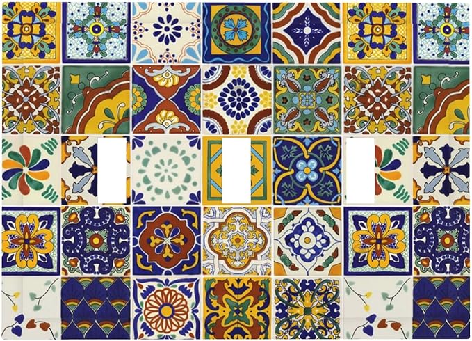 Yellow/Blue Kitchen Boho Floral Tiles Triple Toggle Device Switch Wall Plate 3-Gang Light Switch Cover Bohemian Mandala Talavera Mexican Tile Decorative Decorator Wallplate Switchplate Room Decorate