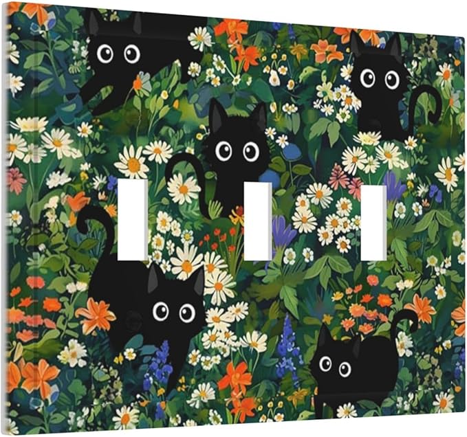 Cartoon Cool Kids Boys Animal Triple Toggle Decorator Outlet Light Switch Wall Plate Cover Funny Boho Cute Black/Green Cats Pet Kittens Jumbo Decorative 3 Gang Three Device Receptacle Faceplate Cover
