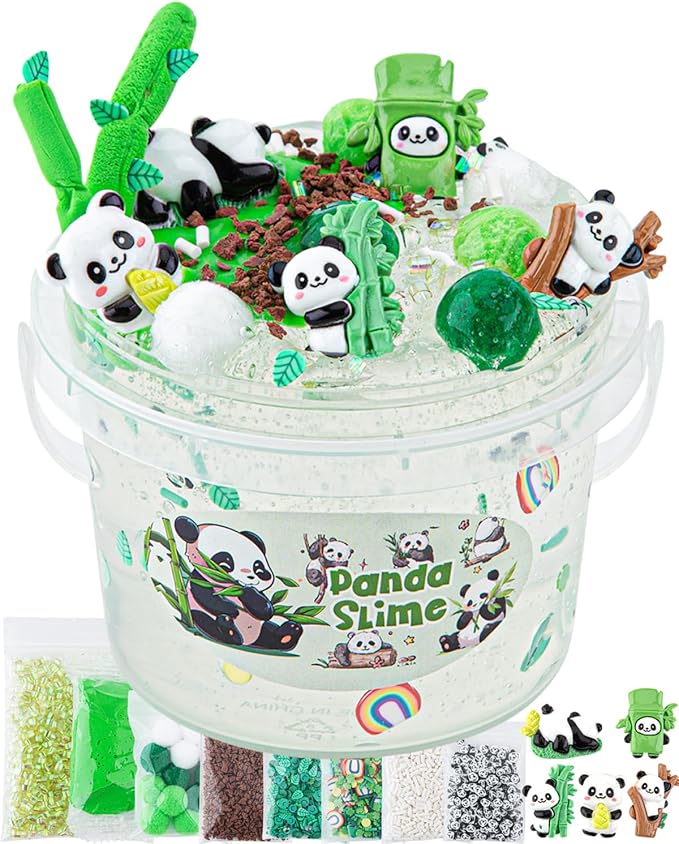 10 FL OZ Panda Clear Slime Bucket, Big Slime Kit with Clay, Slimes Party Favors for Kids, Glimmer Crunchy Slimes Includes 9 Packs of Add-ins, Sensory Experience DIY Toys for Girls and Boys Ages 8-12