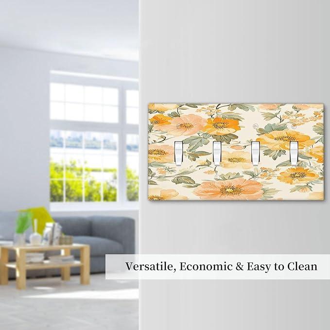Light Switch Cover Plate Vintage Floral Pastel Flower Pattern 4 Gang Quad Toggle Wall Plate Electrical Outlet Cover Decorative Switch Plate Covers for Bedroom Cabin Decor
